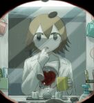  1boy absurdres avogado6 bathroom black_hair blood blood_on_clothes commentary cup hair_between_eyes heart highres hole_in_chest hole_on_body jitome looking_at_mirror male_focus mirror mug open_mouth original pill reflection short_hair solo toothpaste 