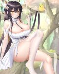  1girl absurdly_long_hair absurdres ass azur_lane between_breasts black_hair breasts bug butterfly butterfly_on_hand chinese_commentary cleavage detached_collar dress flower foot_out_of_frame forest green_butterfly green_eyes hair_flower hair_ornament highres horns huge_breasts in_tree indomitable_(azur_lane) laochen long_hair looking_at_viewer manjuu_(azur_lane) nature strap_between_breasts strapless strapless_dress thighhighs tree very_long_hair white_dress white_flower white_garter_straps white_thighhighs 