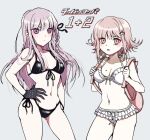  2girls :o backpack bag bangs bikini black_bikini black_ribbon braid breasts brown_hair cleavage collarbone copyright_name cowboy_shot danganronpa:_trigger_happy_havoc danganronpa_(series) danganronpa_2:_goodbye_despair flipped_hair frilled_bikini frills galaga grey_hair hair_ornament hair_ribbon hand_on_hip hands_up kirigiri_kyouko large_breasts layered_bikini looking_at_viewer medium_hair mole mole_on_breast multiple_girls n0_image nanami_chiaki navel pink_eyes ribbon shiny shiny_hair side-tie_bikini side_braid standing stomach swimsuit 