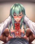  1boy 1girl aqua_eyes aqua_hair assertive_female bangs blush bow bowtie breasts breasts_out brown_thighhighs censored cervix cowgirl_position cross-section cum cum_in_pussy deep_penetration girl_on_top hair_between_eyes hair_ornament hairclip happy_sex hetero indoors kantai_collection large_breasts leaning_forward long_hair looking_at_viewer matsunaga_garana mosaic_censoring navel nipples open_clothes open_mouth open_shirt outstretched_arms overflow penis pov reaching_out red_bow red_bowtie sex shiny shiny_hair shiny_skin shirt sidelocks solo_focus squatting_cowgirl_position straddling suzuya_(kancolle) sweat thighhighs uterus vaginal white_shirt x-ray 