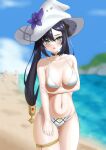  4girls :o absurdres areola_slip arm_under_breasts ass_visible_through_thighs bikini black_choker black_hair blue_sky blurry blurry_background breasts choker fischl_(genshin_impact) flower genshin_impact green_eyes hat hat_flower highres lumine_(genshin_impact) medium_breasts mona_(genshin_impact) multiple_girls navel open_mouth outdoors oz_(genshin_impact) paimon_(genshin_impact) people purple_flower skindentation sky solo_focus stomach swimsuit thighlet thighs twintails ushimizu white_bikini white_headwear witch_hat 