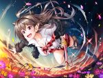  1girl :d breasts brown_hair cleavage collarbone collared_shirt commentary field flower flower_field full_body fur_coat hair_between_eyes highres holding holding_sword holding_weapon kagami_hirotaka katana kneehighs large_breasts long_hair off_shoulder open_mouth outdoors outstretched_arm petals pointy_ears pouch red_eyes red_lips red_skirt shadow shirt shoes skirt smile socks solo sparkle standing standing_on_one_leg sword taimanin_(series) taimanin_rpgx teeth thighs upper_teeth v-shaped_eyebrows weapon white_shirt 