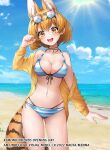  1girl animal_costume animal_ear_fluff animal_ears beach bikini blonde_hair blue_bikini blue_sky breasts cat_ears cat_girl cat_tail cleavage clenched_hand copyright cowboy_shot day extra_ears hand_up jewelry kemono_friends large_breasts looking_at_viewer menna_(0012) necklace open_mouth outdoors sand serval_(kemono_friends) shirt sky smile solo summer sunglasses sunlight swimsuit tail water yellow_eyes yellow_shirt 