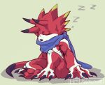  anthro arsdaemonum bandai_namco betelgammamon claws digimon digimon_ghost_game eyes_closed horn male red_body scarf sitting sleeping solo sound_effects zzz 