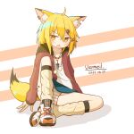  1girl ahoge alternate_costume animal_ears arknights blonde_hair blush character_name collarbone dated drawstring fang fox_ears fox_girl fox_tail hair_between_eyes hair_ornament hairclip highres jacket jewelry knee_up leg_warmers long_sleeves looking_at_viewer moon_sugar necklace notched_ear open_clothes open_jacket open_mouth orange_shorts oripathy_lesion_(arknights) red_jacket shirt shoes short_hair shorts sitting socks solo striped striped_shorts tail tooth_necklace v-shaped_eyebrows vermeil_(arknights) white_footwear white_shirt yellow_socks 