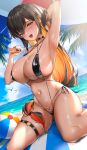  1girl :d arm_up armpits ball bangs beachball black_hair black_swimsuit blue_eyes blush breasts cleavage hair_ornament hairclip heterochromia highres large_breasts mole mole_on_breast navel nolmo o-ring o-ring_swimsuit ocean one-piece_swimsuit open_mouth orange_hair original sideboob smile solo swimsuit thigh_strap thighs water yellow_eyes 