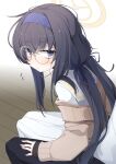  1girl bangs black_hair blue_archive blue_eyes blue_hairband blue_ribbon blush brown_cardigan cardigan closed_mouth glasses hair_ribbon hairband halo highres long_hair looking_at_viewer low_twintails ogami_kazuki ribbon round_eyewear sailor_collar school_uniform shirt skirt solo_focus twintails ui_(blue_archive) white_sailor_collar white_shirt white_skirt 