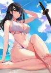  1girl arm_up azur_lane bangs bare_arms bare_legs barefoot beach bikini black_hair blue_sky blush breasts brown_eyes choukai_(azur_lane) cleavage cloud day front-tie_top hair_flaps hair_ornament halter_top halterneck hand_on_own_head katana large_breasts long_hair looking_at_viewer multi-strapped_bikini navel outdoors schreibe_shura sitting sky solo sparkle stomach swept_bangs swimsuit sword thighs toes underboob weapon wet white_bikini 