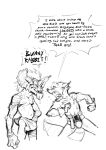  absurd_res angry anthro bodily_fluids bulge clothed clothing drooling duo english_text frown genital_fluids genitals gremlin grin guardians_of_the_galaxy hi_res holding_penis male male/male mammal marvel nipples penis penis_through_leghole poking_out precum procyonid raccoon rocket_raccoon saliva smile text topless underwear zepthehyerian 