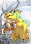  agumon aomon_(yuuji7604) black_eyes bridge claws colored_sclera colored_skin digimon digimon_(creature) dinosaur green_sclera greymon highres horns open_mouth orange_skin see-through sharp_teeth solo squatting standing teeth tire 