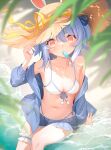  1girl animal_ears arm_support armpits bare_shoulders bikini blue_hair blush breasts bridal_garter cleavage collarbone food front-tie_top gawain_(artist) hair_between_eyes hand_on_headwear hat highres hololive looking_at_viewer medium_breasts miniskirt mouth_hold navel off_shoulder open_clothes open_shirt outdoors pleated_skirt popsicle popsicle_in_mouth rabbit_ears red_eyes ribbon shallow_water sitting skirt solo stomach straw_hat string_bikini sun_hat sunlight swimsuit thighs usada_pekora virtual_youtuber water yellow_ribbon 