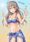  1girl alternate_costume anti_(untea9) bikini blue_background blue_bikini breasts brown_eyes collarbone cowboy_shot cup drink drunk gradient gradient_background grey_hair hair_between_eyes hat highres kantai_collection long_hair looking_at_viewer medium_breasts mini_hat navel open_mouth pola_(kancolle) sarong smile solo swimsuit twitter_username two-tone_background v wavy_hair yellow_background 