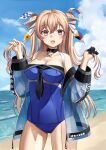  1girl adapted_costume beach black_gloves black_neckerchief black_necktie blue_sky blue_swimsuit blush breasts brown_eyes choker cleavage cloud cloudy_sky contrapposto cowboy_shot day duplicate gloves hair_between_eyes hair_ornament hair_ribbon jacket johnston_(kancolle) kantai_collection light_brown_hair long_hair looking_at_viewer mayura2002 neckerchief necktie ocean official_alternate_costume open_clothes open_jacket open_mouth outdoors pixel-perfect_duplicate ribbon sand school_swimsuit see-through see-through_jacket single_glove sky smile solo swimsuit two_side_up water 