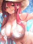  1girl aqua_eyes azur_lane bikini blue_sky breasts brown_headwear cloud collarbone day hat highres large_breasts liaowen long_hair looking_at_viewer navel official_alternate_costume parted_lips red_hair sky solo straw_hat sunglasses surcouf_(azur_lane) surcouf_(loisirs_balneaires)_(azur_lane) swimsuit white_bikini 