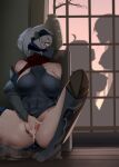  3girls abs ass avatar_(ff14) blush breasts breasts_apart covered_nipples female_masturbation final_fantasy final_fantasy_xiv grey_hair highres horns large_breasts leotard long_hair masturbation monobe_yuri multiple_girls ninja nipples open_mouth paper_wall pussy pussy_juice pussy_juice_puddle pussy_juice_trail scarf shadow short_hair spread_legs steam sweat yuri 