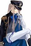  1boy artist_request boots crossed_legs fate/grand_order fate_(series) gloves gradient hat highres long_hair long_sleeves military military_hat military_uniform nemo_(fate) noah_(fate) ribbon sitting uniform vest 