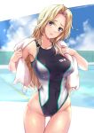  1girl bangs blonde_hair blue_eyes breasts cloud competition_swimsuit covered_navel day highleg highleg_swimsuit highres hornet_(kancolle) jewelry kantai_collection kuurunaitsu large_breasts long_hair looking_at_viewer one-piece_swimsuit open_mouth outdoors pool ring sky solo swimsuit towel towel_around_neck very_long_hair wedding_band wet wet_clothes wet_swimsuit 