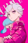  1boy ahoge bangs bede_(pokemon) coat commentary_request curly_hair fingernails grey_hair hatenna highres looking_to_the_side male_focus momotose_(hzuu_xh4) pink_background pokemon pokemon_(creature) pokemon_(game) pokemon_swsh purple_coat purple_eyes short_hair twitter_username watermark 