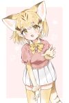  1girl alternate_costume animal_ears blonde_hair blush bow bowtie cat_ears cat_girl cat_tail cosplay elbow_gloves extra_ears fennec_(kemono_friends) fennec_(kemono_friends)_(cosplay) fur_trim gloves highres kemono_friends megumi_222 multicolored_hair pink_sweater pleated_skirt puffy_short_sleeves puffy_sleeves sand_cat_(kemono_friends) short_hair short_sleeves skirt solo sweater tail thighhighs white_fur white_hair white_skirt yellow_bow yellow_bowtie yellow_eyes yellow_gloves yellow_thighhighs zettai_ryouiki 