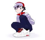  1boy alternate_costume black_hair collared_jacket grey_eyes hat jacket long_sleeves male_focus nike pokemon pokemon_(game) pokemon_rgby red_(pokemon) shiogi_(riza_49) simple_background solo twitter_username v-shaped_eyebrows white_background white_footwear white_jacket 