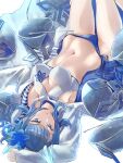  1girl absurdres bare_shoulders bikini blue_bikini blue_eyes blue_hair blue_swimsuit bowl breasts cape capelet clear_glass_(mildmild1311) cleavage cleavage_cutout clothing_cutout fire_emblem fire_emblem_heroes flower fur-trimmed_capelet fur_trim groin hair_flower hair_ornament highres ice ice_cream_cup ice_horns long_sleeves looking_at_viewer medium_breasts navel nifl_(fire_emblem) official_alternate_costume short_hair side-tie_bikini snowflake_ornament snowflake_print solo spoon swimsuit two-tone_bikini two-tone_swimsuit upside-down white_bikini white_cape 