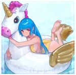 1girl ass backless_swimsuit bangs blue_hair breasts feet innertube kula_diamond long_hair looking_at_viewer medium_breasts one-piece_swimsuit oni_gini pool purple_eyes swimsuit the_king_of_fighters water yellow_swimsuit 