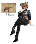  1girl animal black_footwear blue_jacket brown_hair brown_nails collared_jacket colored_sclera cropped_jacket crossed_legs ear_piercing full_body gomulgong grey_sclera hand_up high_heels highres hyena hyena_ears hyena_girl hyena_tail jacket looking_at_viewer midriff orange_eyes original personification photo_inset piercing short_hair simple_background sitting solo striped striped_legwear studded_choker uneven_eyes white_background 