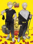  2boys arm_at_side bangs belt biohazard_symbol black_gloves black_jacket black_pants black_shirt blonde_hair blood blood_on_clothes bucket carrying_over_shoulder clothes_around_waist earrings ex_albio footprints full_body gloves grey_shirt hand_on_hip highres ibrahim_(nijisanji) jacket jewelry looking_at_viewer male_focus mop multiple_boys nijisanji off_shoulder open_mouth pants serita_jon shirt shoes short_hair simple_background sneakers standing virtual_youtuber viscera_cleanup_detail white_footwear yellow_background 