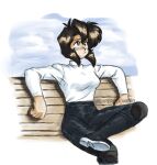 bench blue_eyes boots brown_hair crossed_legs dark-skinned_female dark_skin gunsmith_cats leather leather_pants pants rally_vincent sitting superdeionbro sweater 