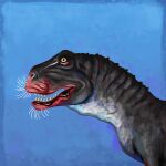  absurd_res ambiguous_gender blue_background bust_portrait dinosaur eye_markings feral grey_body grey_scales hi_res ilokelesia kutv markings open_mouth portrait red_markings reptile scales scalie sharp_teeth simple_background solo tagme teeth whiskers yellow_eyes 