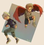  2boys black_jacket blonde_hair blue_eyes boku_no_hero_academia child closed_mouth commentary english_commentary feathered_wings full_body gradient hawks_(boku_no_hero_academia) highres jacket keiid looking_at_another looking_back male_child male_focus multiple_boys red_eyes red_wings shirt shoes short_hair shorts signature simple_background sneakers todoroki_touya white_hair wings younger 