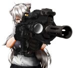  1girl absurdres ahoge aiming animal_ears assault_rifle bangs buttons denim dog_tags ear_piercing eotech foregrip gloves grey_eyes grey_hair grey_shirt gun h&amp;k_hk416 hair_between_eyes highres holding holding_weapon hololive jeans lion_ears lion_girl pants piercing rifle shirt shishiro_botan sleeves_rolled_up solo tomii_(tomii_comet) transparent_background unbuttoned unbuttoned_shirt unbuttoned_sleeves upper_body weapon white_shirt 