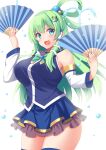  1girl absurdres aqua_(konosuba) aqua_(konosuba)_(cosplay) breasts commentary_request cosplay detached_sleeves frog_hair_ornament green_hair hair_ornament hair_tubes hand_fan highres holding holding_fan kochiya_sanae large_breasts long_hair looking_at_viewer open_mouth simple_background snake_hair_ornament solo thighs tokyo_yamane touhou white_background 