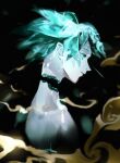  1other androgynous aqua_eyes aqua_hair black_background blurry crystal_hair depth_of_field eyelashes floating_hair from_side highres houseki_no_kuni looking_away momota_ro5555 nude other_focus phosphophyllite portrait profile severed_head simple_background solo sparkle 