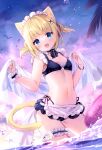  1girl :d animal animal_ear_fluff animal_ears apron bangs bikini bird black_bikini blonde_hair blue_eyes breasts cat_ears cat_girl cat_tail cloud commentary_request fang highres holding innertube irori looking_at_viewer navel original small_breasts smile solo sunset swimsuit tail two_side_up waist_apron water water_drop white_apron 