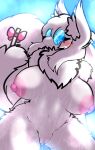  absurd_res anthro areola big_breasts blush bodily_fluids breasts canid canine canis eyewear female fox fur genitals glasses hair hi_res mammal milkteafox nipples nude pussy smile solo white_body white_fur 