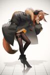  1girl animal_ears arknights braid fur-trimmed_jacket fur_trim grin headphones high_heels highres implied_extra_ears jacket kjerag_logo lodbyy long_hair looking_at_viewer orange_hair pantyhose ratatos_browntail_(arknights) red_eyes simple_background smile solo squirrel_ears squirrel_girl tail tile_floor tiles v white_background 