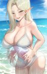  1girl ball banned_artist bikini blue_sky blush breasts cloud day elf green_eyes holding holding_ball jagaimo_(kkamja) large_breasts long_hair looking_at_viewer navel open_mouth original outdoors pointy_ears sky smile solo summer swimsuit teeth upper_teeth wet white_bikini 