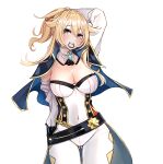  1girl arm_up ass_visible_through_thighs bangs belt black_belt blonde_hair blue_capelet blue_eyes breasts capelet cleavage commentary covered_navel cowboy_shot detached_collar detached_sleeves genshin_impact grin hair_between_eyes hair_tie_in_mouth highres jean_(genshin_impact) large_breasts leggings long_hair looking_at_viewer mouth_hold pants ponytail reichidad shirt simple_background smile solo standing strapless strapless_shirt teeth_hold white_background white_pants white_shirt 