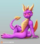  activision animal_genitalia anthro blush bodily_fluids claws dragon genital_fluids genitals hi_res horn male membrane_(anatomy) membranous_wings penis poking_out purple_body scalie sheath skyvo solo spyro spyro_the_dragon video_games western_dragon wings 