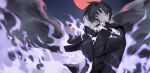  1boy black_hair burning covered_eyes fang fire forever_7th_capital hair_over_eyes hands_on_own_head highres isaac_(forever_7th_capital) long_sleeves male_focus meru02295238 moon purple_fire red_moon scratching_head screaming smoke solo tears upper_body 