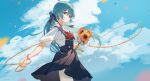  1girl aqua_hair bangs blue_dress blue_eyes blue_ribbon blue_sky bouquet bow bowtie chinese_commentary cloud cloudy_sky commentary_request cowboy_shot dress flower flower_bracelet grin hair_ornament hairclip hatsune_miku highres holding holding_flower holding_ribbon hua_ben_wuming long_hair looking_at_viewer petals pinafore_dress red_bow red_bowtie ribbon shirt short_sleeves sky smile solo thighhighs twintails vocaloid white_shirt white_thighhighs yellow_ribbon 