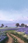  absurdres dated english_commentary field flower flower_field highres house lavender lilblueorchid no_humans original outdoors purple_flower sky star_(sky) starry_sky tree white_flower 