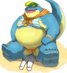  anhrmgzo anthro belly big_belly blue_body blue_scales clothing crocodile crocodilian crocodylid duo facesitting fupa hat headgear headwear hi_res lifewonders makara male overweight reptile scales scalie speedo swimwear tokyo_afterschool_summoners video_games visor_cap 