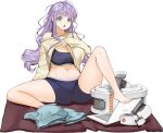  1girl bangs barefoot black_sports_bra english_text feet full_body game_cg green_eyes gremlin_(last_origin) highres last_origin long_hair looking_at_viewer messy_hair navel official_art open_mouth purple_hair rorobomb shorts shorts_removed sitting solo sports_bra sportswear sweater tachi-e transparent_background 