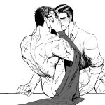  2boys adjusting_eyewear anal ass back bara batman_(series) blush bruce_wayne clark_kent collared_shirt couple dc_comics glasses greyscale highres holding_another&#039;s_leg holding_hands large_pectorals looking_at_another male_focus mature_male monochrome multiple_boys muscular muscular_male nude pectorals scar scar_on_arm scar_on_back sex shirt shirt_removed short_hair superman_(series) yaoi yooko 