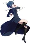  1girl absurdres ahoge azami_masurao black_dress black_footwear black_keys_(type-moon) black_ribbon blue_eyes blue_hair boots ciel_(tsukihime) closed_mouth dress from_side full_body highres holding holding_weapon knee_boots long_sleeves profile ribbon sailor_collar shiny shiny_hair short_hair simple_background solo tsukihime weapon white_background white_sailor_collar 