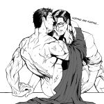  2boys anal ass back bara batman_(series) blush bruce_wayne clark_kent closed_eyes closed_mouth collared_shirt couple dc_comics english_text glasses greyscale highres holding_another&#039;s_leg holding_hands large_pectorals looking_at_another male_focus mature_male monochrome multiple_boys muscular muscular_male nude open_mouth pectorals scar scar_on_arm scar_on_back sex shirt shirt_removed short_hair superman_(series) yaoi yooko 
