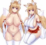  1girl :d animal_ears ass_visible_through_thighs bangs blonde_hair blush breasts closed_mouth curvy detached_sleeves fox_ears fox_girl fox_tail hair_ornament highres huge_breasts licking_lips long_hair looking_at_viewer microskirt multiple_girls navel nipples nontraditional_miko original panties purple_eyes red_skirt seiza simple_background sitting skirt smile sogaya string_panties tail thighhighs thong tongue tongue_out underwear white_background white_thighhighs 