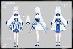  1girl absurdres animal_ears blue_dress blue_eyes dress fox_ears fox_girl fox_tail full_body fur_trim heiwa_(murasiho) highres kitsune light_blue_hair long_hair long_sleeves looking_at_viewer project_sekai socks standing tabi tail white_socks yoisaki_kanade youkai 